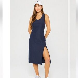 Fabletics Cloud Jersey Deep Navy Heather Midi Dress with Side Slit